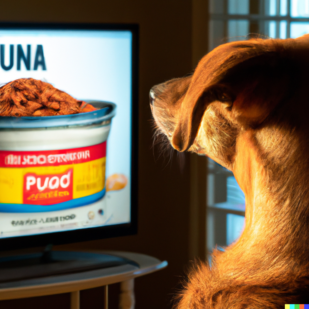 DALL·E 2023-01-27 23.42.06 - a dog looking at an online advertisement for Purina brand dog food
